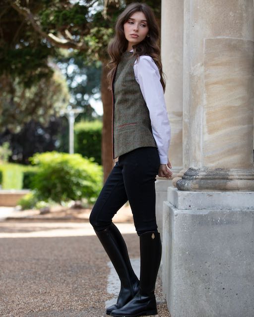 Julian Road Waistcoat Regency Ladies Tweed Waistcoat - Green windowpane herringbone