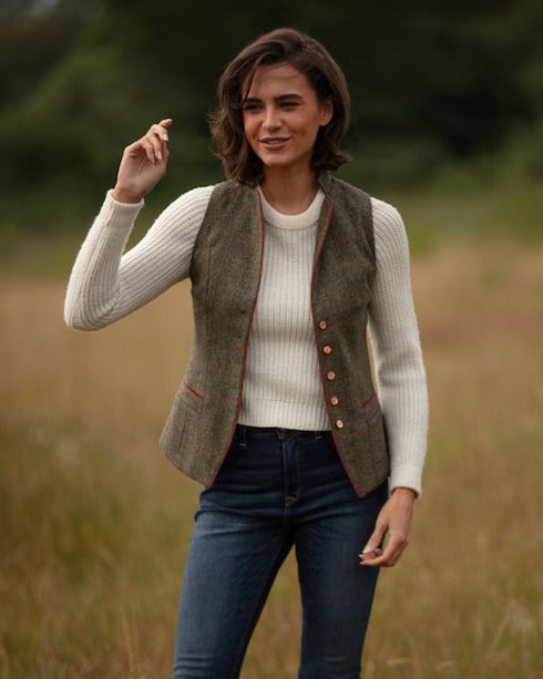 Julian Road Waistcoat Regency Ladies Tweed Waistcoat - Green windowpane herringbone