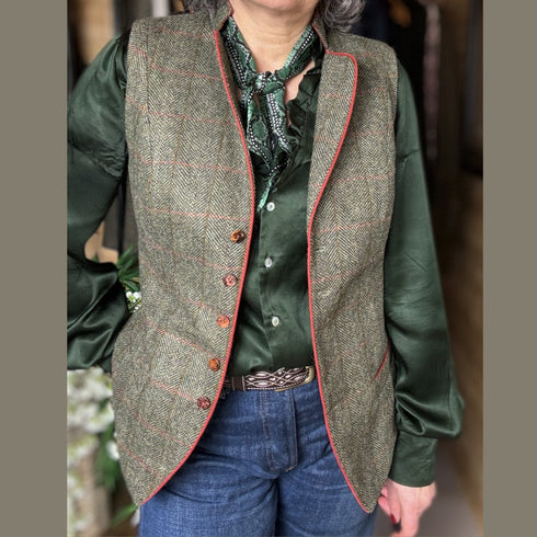 Julian Road Waistcoat Regency Ladies Tweed Waistcoat - Green windowpane herringbone