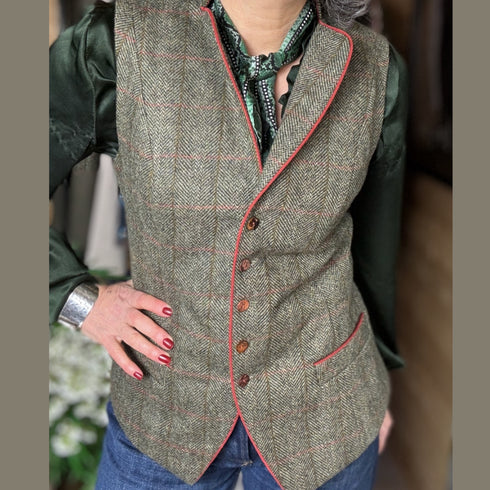 Julian Road Waistcoat Regency Ladies Tweed Waistcoat - Green windowpane herringbone