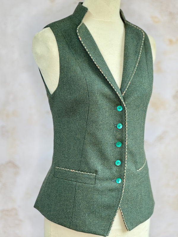 Julian Road Waistcoat Regency Ladies Tweed Waistcoat -Jade Merino Herringbone