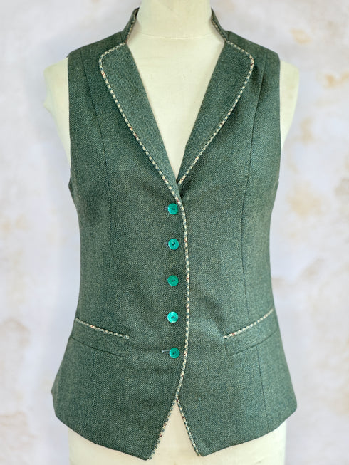 Julian Road Waistcoat Regency Ladies Tweed Waistcoat -Jade Merino Herringbone