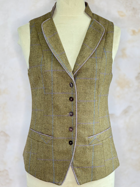Julian Road Waistcoat Regency Ladies Tweed Waistcoat -Khaki Windowpane