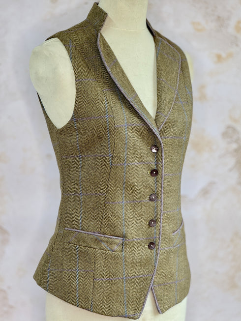 Julian Road Waistcoat Regency Ladies Tweed Waistcoat -Khaki Windowpane