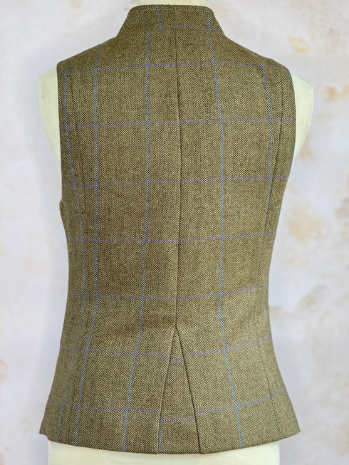 Julian Road Waistcoat Regency Ladies Tweed Waistcoat -Khaki Windowpane