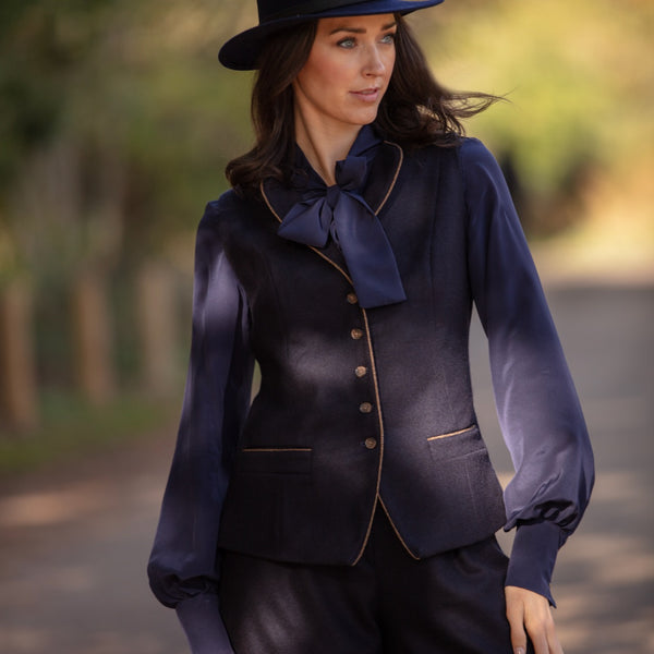 Julian Road Waistcoat Regency Ladies Tweed Waistcoat -Navy Merino Wool