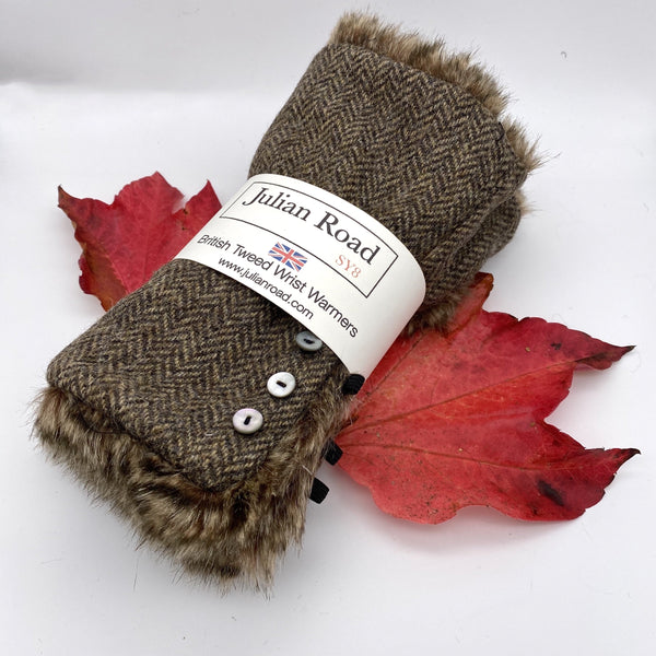 Julian Road Gloves Country Brown Herringbone Tweed Wrist Warmers