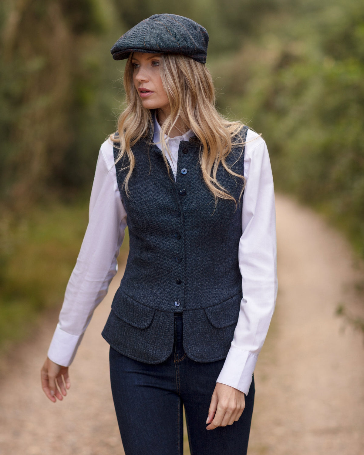 Women's Blue Herringbone Tweed  Gilet